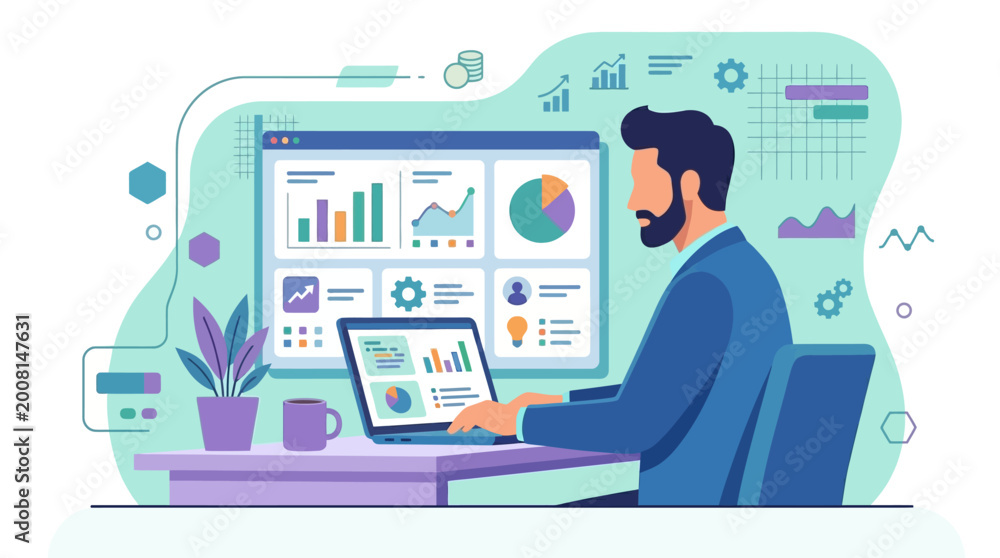 Fototapeta premium Data Analyst Working on Dashboard – Business Intelligence, Analytics and Reporting Workspace Concept