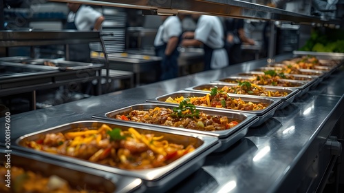 A long line of freshly prepared gourmet dishes, showcasing a professional catering service setup in a bustling commercial kitchen, ready for serving guests at a large event