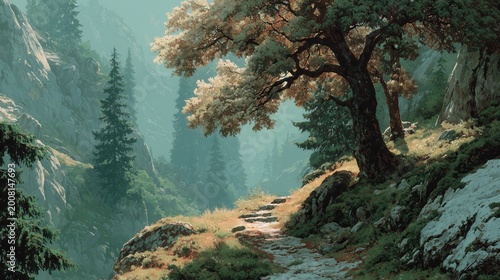 Path through trees in a mountain valley during daytime