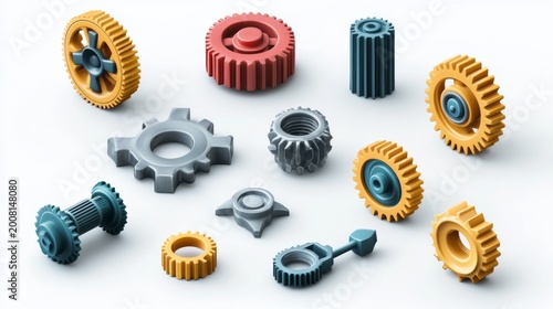 Isometric gears and tools, representing settings or engineering, 3D icon set no shadow, plain white background