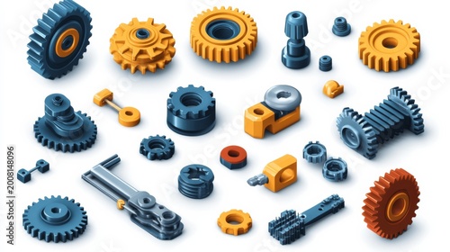Isometric gears and tools, representing settings or engineering, 3D icon set no shadow, plain white background