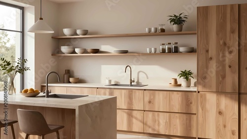 Clean modern kitchen interior minimalist Scandinavian style, wooden cabinetry countertop sink faucet