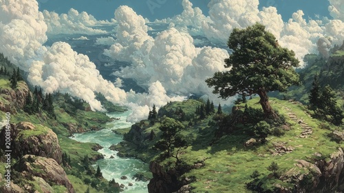 Lush valley with river and clouds in a sunny landscape