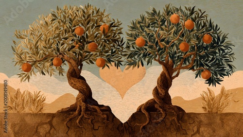 Two fruitful trees intertwined, forming a heart shape, symbolizing enduring love and a natural bond
