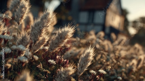 Golden grasses sway near a house in the evening light