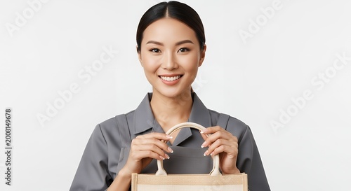 Smiling woman holding shopping bag against a white background studio shot