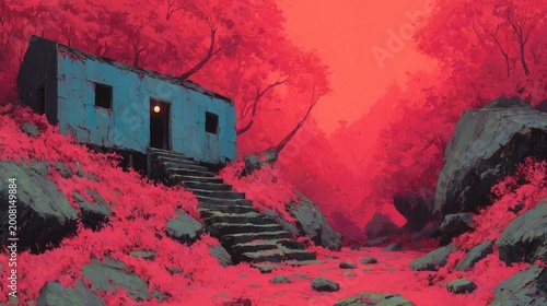 House in a red landscape with trees and rocks near the path