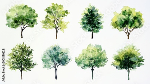 Set of watercolor green trees, feeling fresh and peaceful isolated on crisp white background
