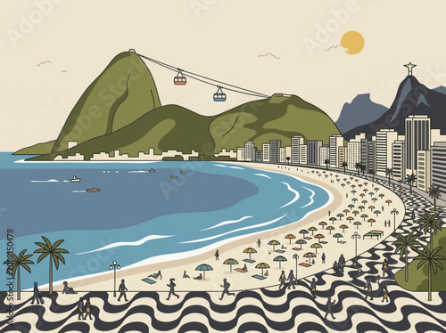 Obraz na plátně Rio de Janeiro Illustration with Sugarloaf Mountain, Copacabana Beach, and Christ the Redeemer