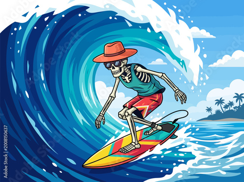 Skeleton Surfer Riding a Giant Ocean Wave, Fun Tropical Summer Cartoon Illustration