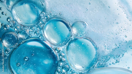 Clear blue cosmetic gel serum oil texture isolated on white background. Hyaluronic acid skincare product with bubbles macro.