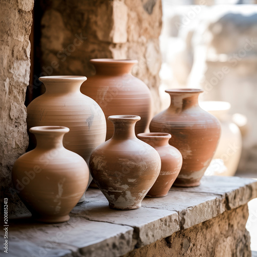 Rustic terracotta clay pottery vases arranged on a stone ledge