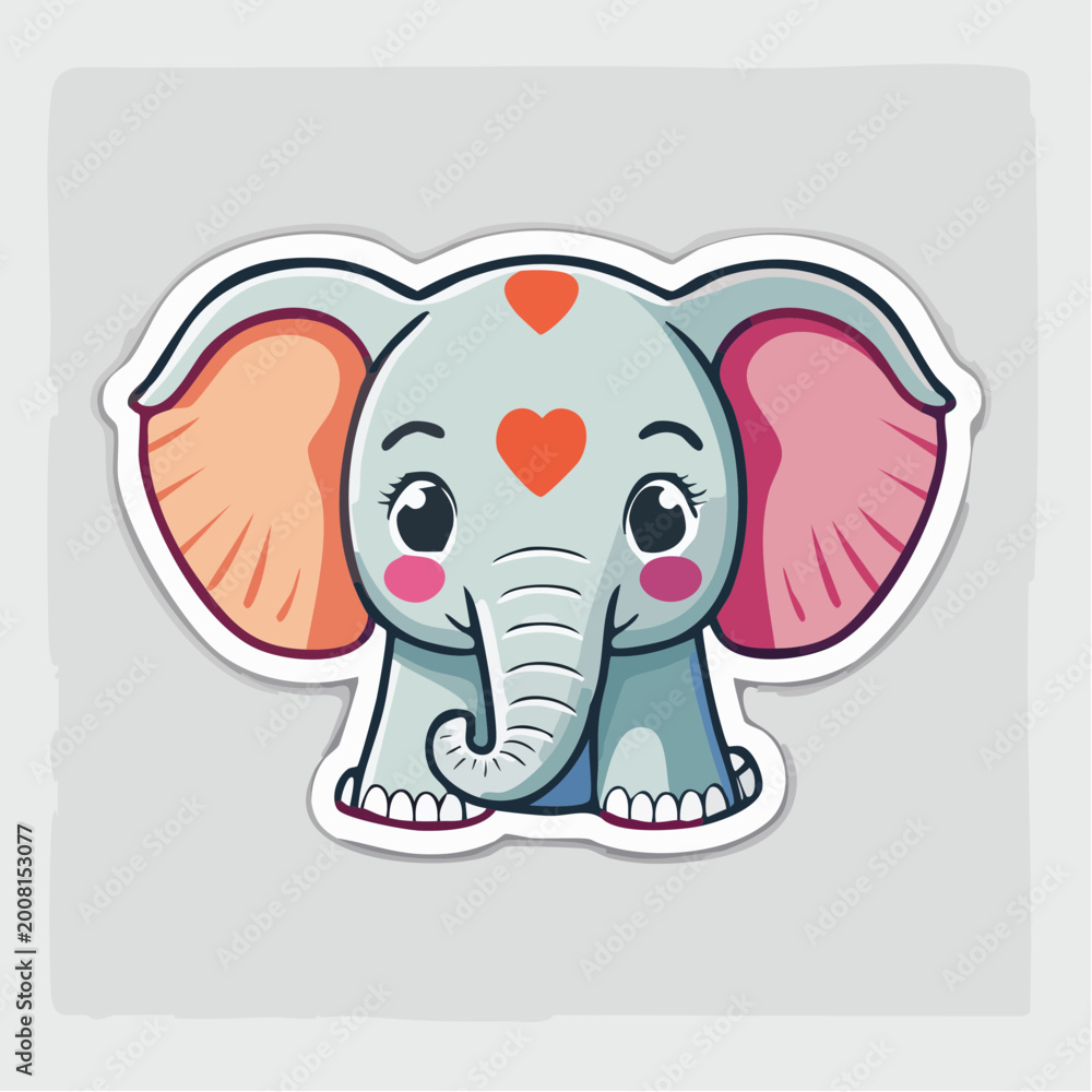 Fototapeta premium Cute Cartoon Elephant Sticker with Hearts