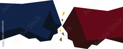 Quadro em tela Two geometric fists clashing, red and blue fist bump vector illustration represe