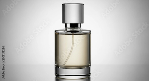 A sleek perfume bottle sits on a reflective surface in a studio.