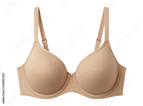 A seamless beige t-shirt bra with adjustable straps, presented in a clean studio shot with a white background, emphasizing comfort and everyday wear.