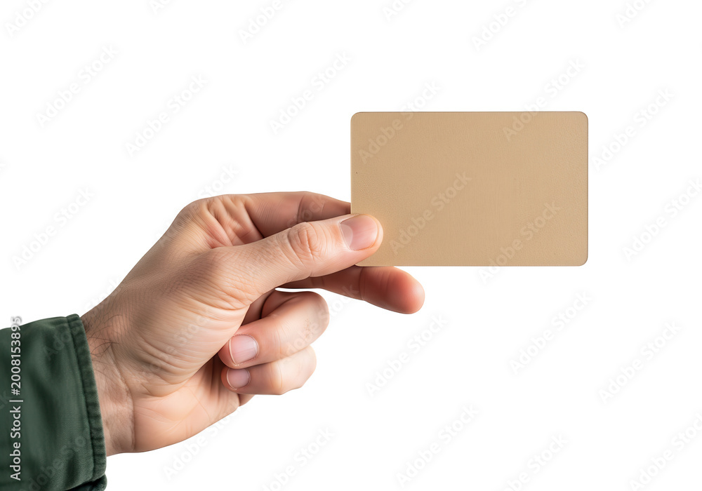 Fototapeta premium Hand holding beige blank card on transparent background