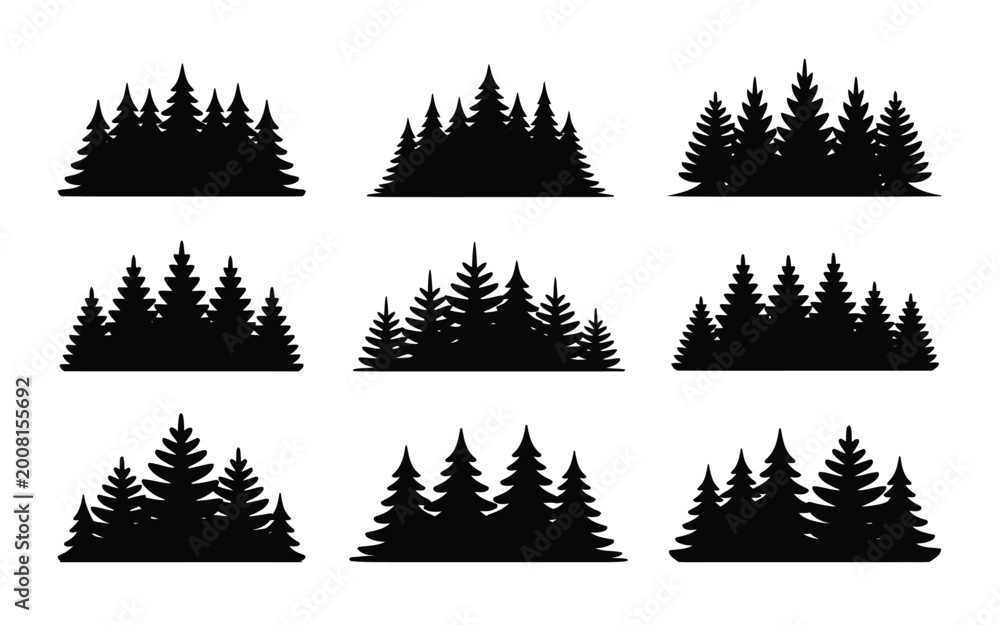 Fototapeta premium Black silhouettes of various pine tree forests on white background