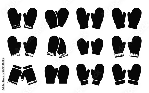 Black mittens and gloves set winter clothing icons isolated on white background