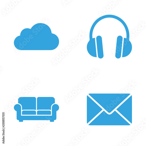 Title: blue cloud with headphones envelope and sofa with transparent background (931