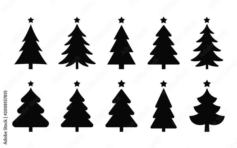 Obraz premium Black christmas tree silhouettes with stars on white background