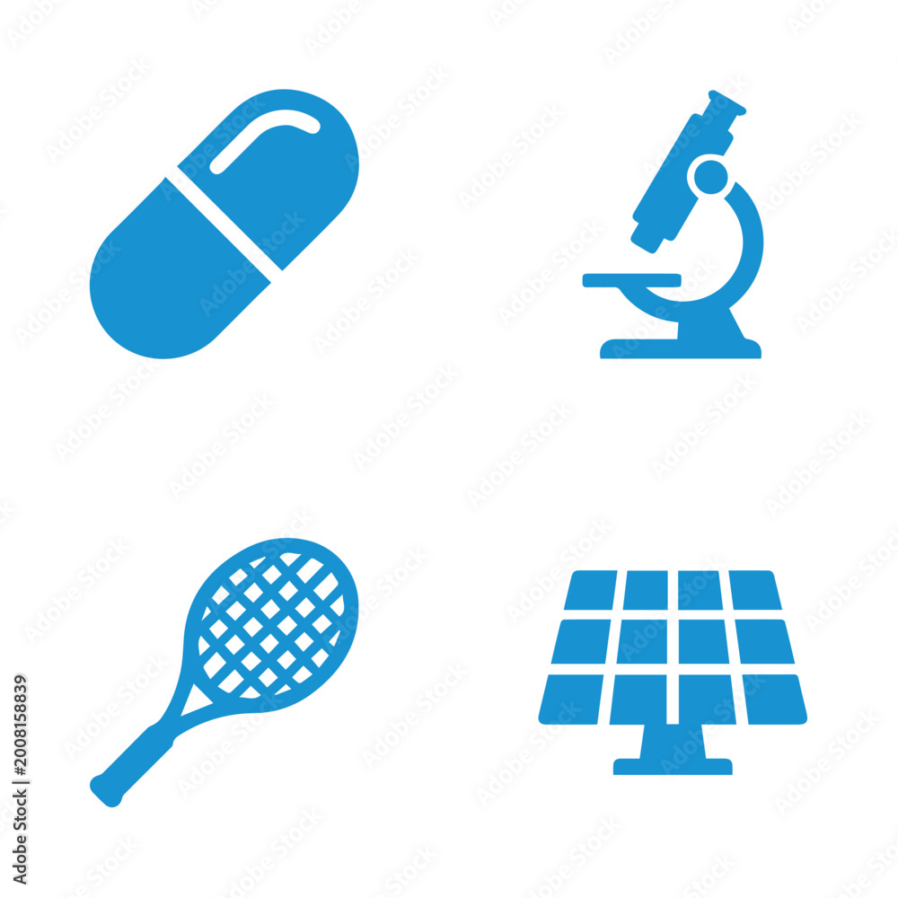 Fototapeta premium Title: blue flat of shopping cart football tennis racket and dog silhouette on a white background