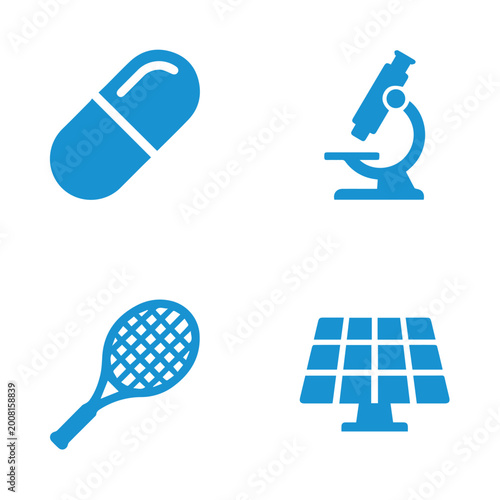 Title: blue flat of shopping cart football tennis racket and dog silhouette on a white background