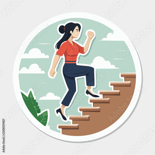 Woman climbing stairs symbolizing career growth and success