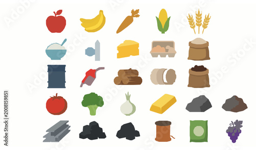 Εκτύπωση καμβά Various commodity icons with food products and raw materials flat vector illustr