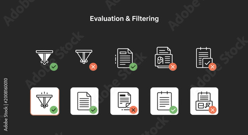 Evaluation and filtering icons, data analysis symbols, business workflow graphics, 10 vector elements