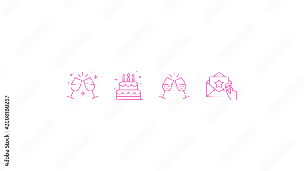 Fototapeta premium Icons showing cake, gifts, and festive elements.