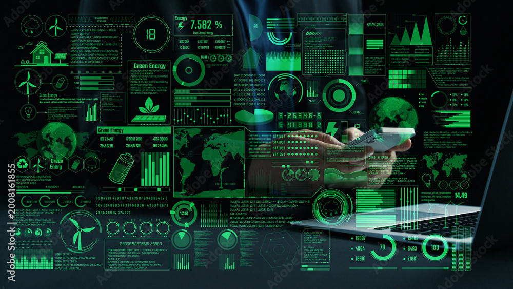 Fototapeta premium Engaging digital interface showcasing green energy statistics and environmental metrics on a data dashboard. Ideal for themes of innovation and sustainability. Cipher