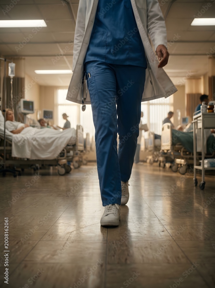 Fototapeta premium Dedicated Healthcare Professional Walking Through a Busy Hospital Ward, Providing Medical Care and Support