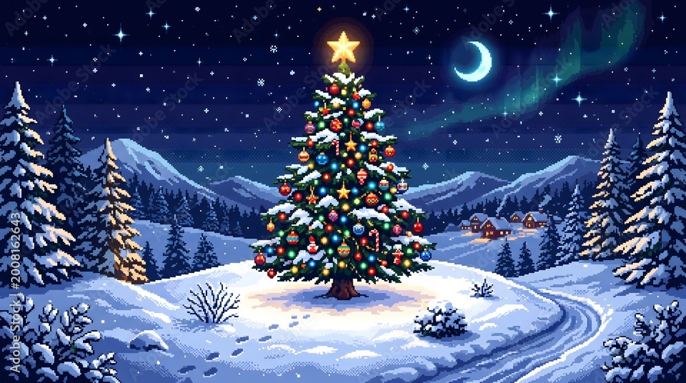 Obraz premium Pixel Art Christmas Tree in Snowy Winter Wonderland with Northern Lights and Cozy Village at Night