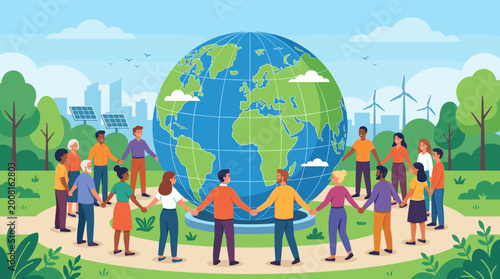 Global community unity urban park digital illustration vibrant environment aerial view social awareness campaign