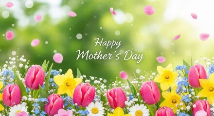 Happy mother's day greeting card with colorful spring flowers like tulips and daffodils in a garden