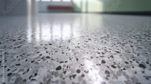 Polished speckled concrete floor reflecting light and shadow from window detail interior design