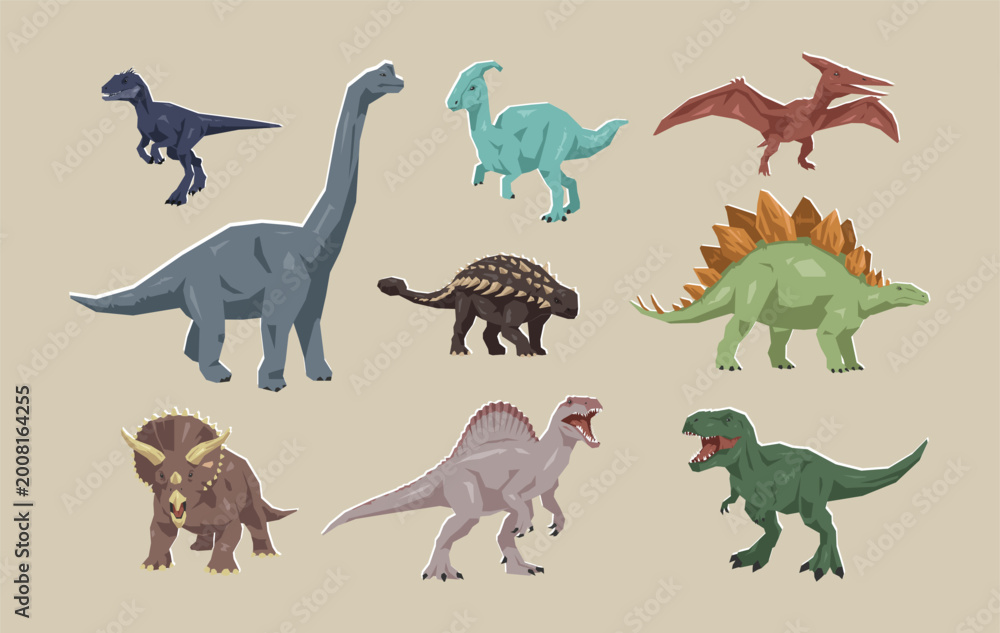 Obraz premium Set of dinosaur's illustration. Flat vector geometric style.
