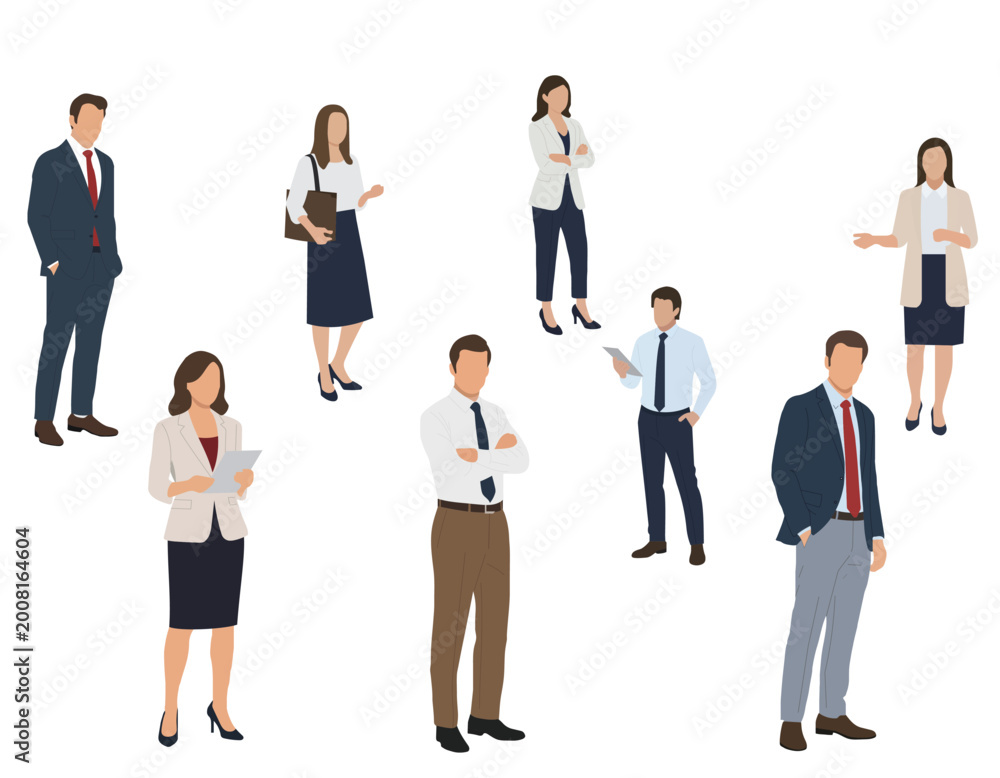 Obraz premium Professional Business People Vector Set - Collection of Diverse Corporate Characters in Formal Office Wear, Including Men and Women in Suits, Standing and Posing for Professional Careers and Success.