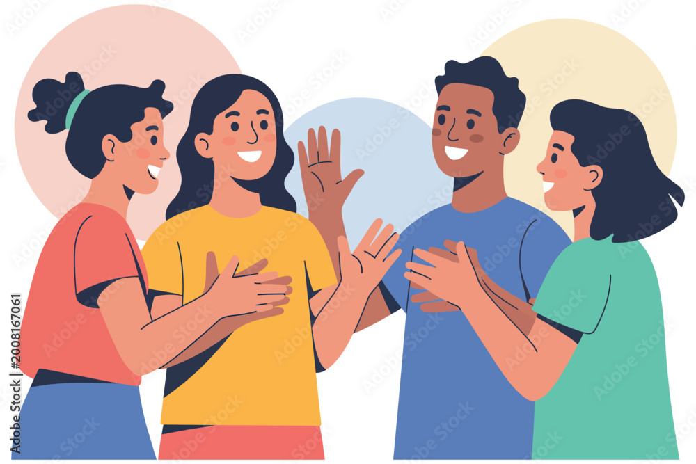 Fototapeta premium Group of diverse young people talking and gesturing, happy friends having a conversation, illustration of social interaction and communication
