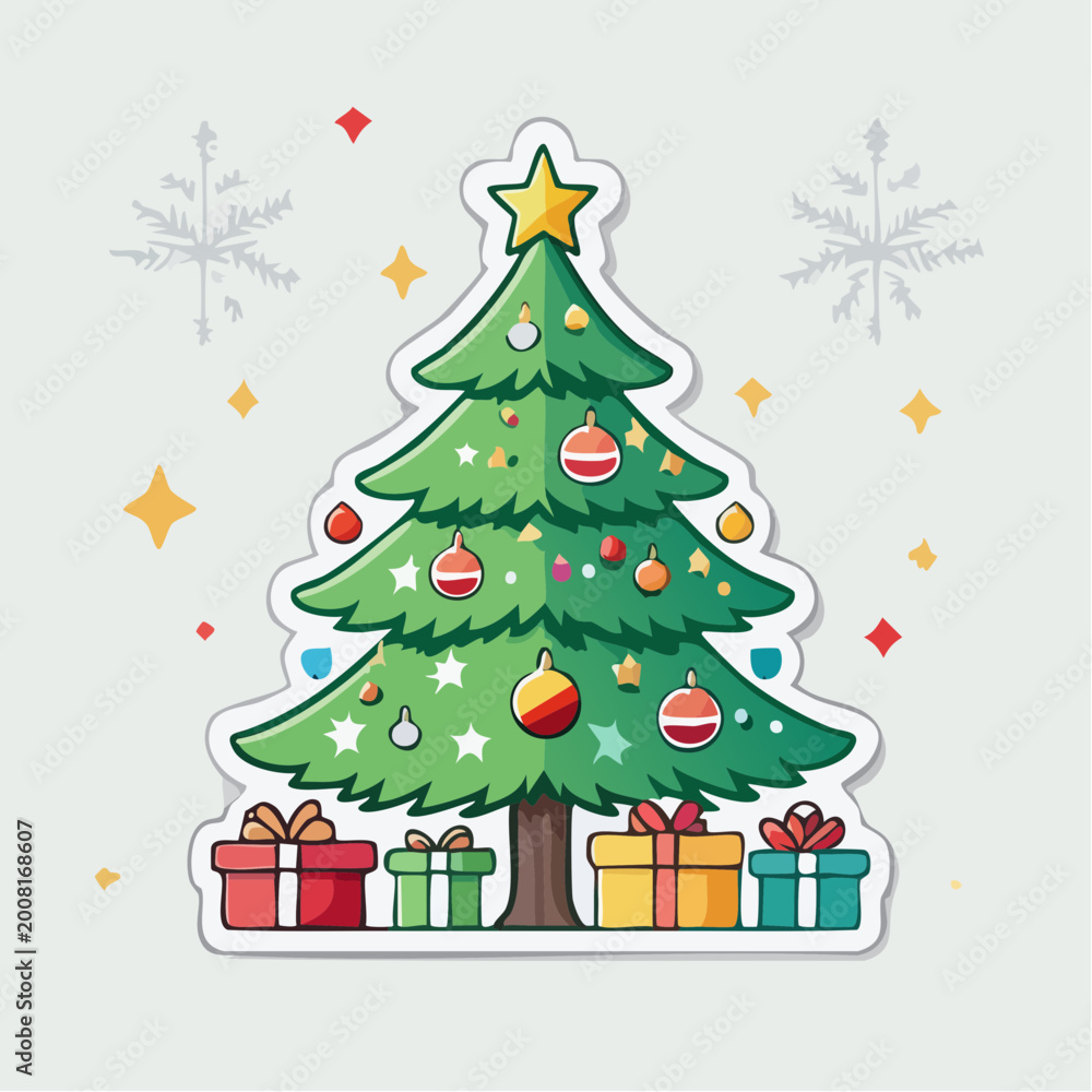 Fototapeta premium Cartoon Christmas Tree with Gifts and Snowflakes