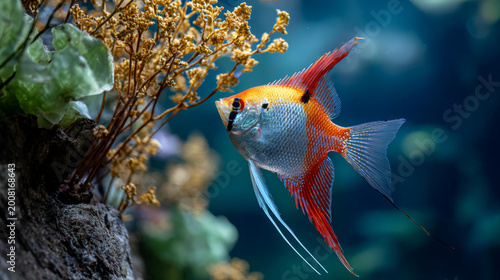 Colorful ornamental fish, aquarium plant, underwater, vibrant, aquatic, peaceful, tropical scene