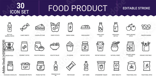 Tablou pe pânză Food product icon set featuring grocery items snacks dairy beverages and packaged desserts