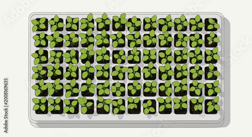 A tray of small green seedlings growing in soil.