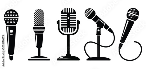Tableau sur toile Set of black microphone icons, collection of modern and classic mic symbols on w