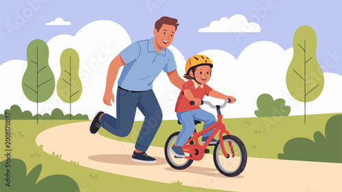 Father teaching his young daughter to ride a bicycle in the park