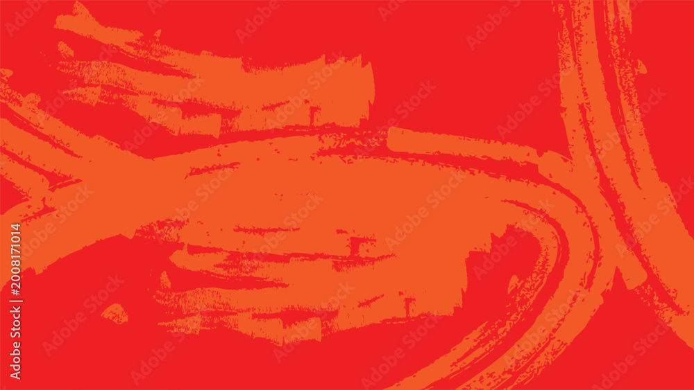 Obraz premium Orange abstract brush strokes on red background with rough texture.