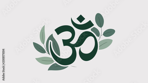 Green Om symbol with decorative leaves for yoga and meditation studio