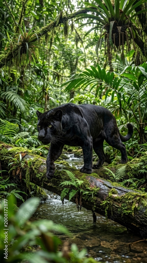 Fototapeta premium Black panther walking on a mossy log in a lush jungle