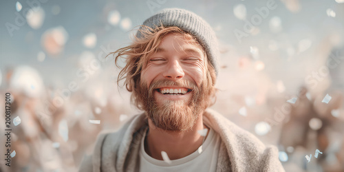 Bearded man smiling under confetti showers, knit hat, sunlit crowd, glitter on beard, eyes closed, windtousled hair, candid festival energy and warmth